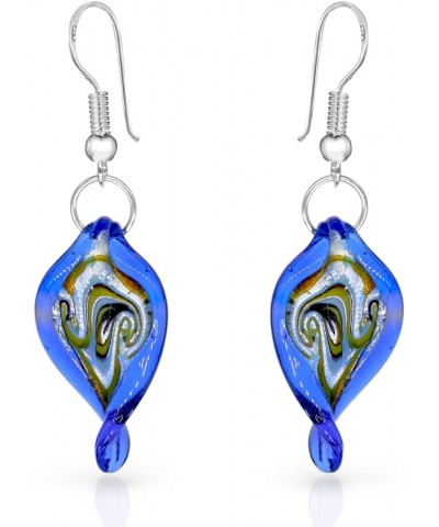 .925 Sterling Silver Handmade Murano Glass Inspired Unique Leaf Teardrop Multicolor Blue Green Red Dangle Drop Earrings for W...