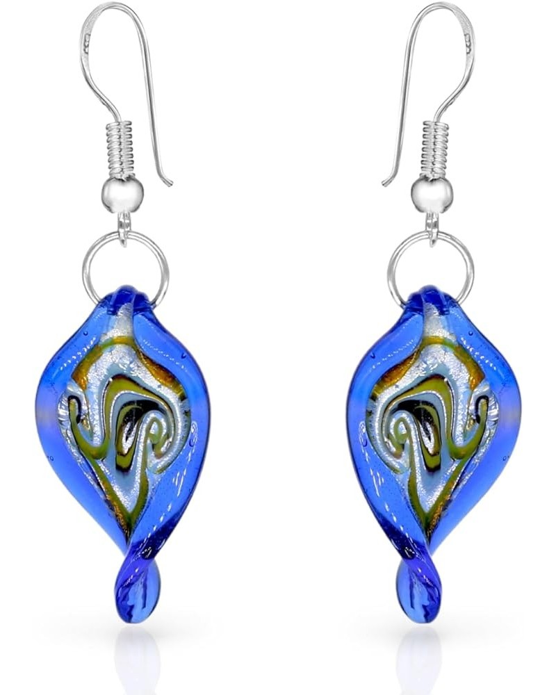 .925 Sterling Silver Handmade Murano Glass Inspired Unique Leaf Teardrop Multicolor Blue Green Red Dangle Drop Earrings for W...