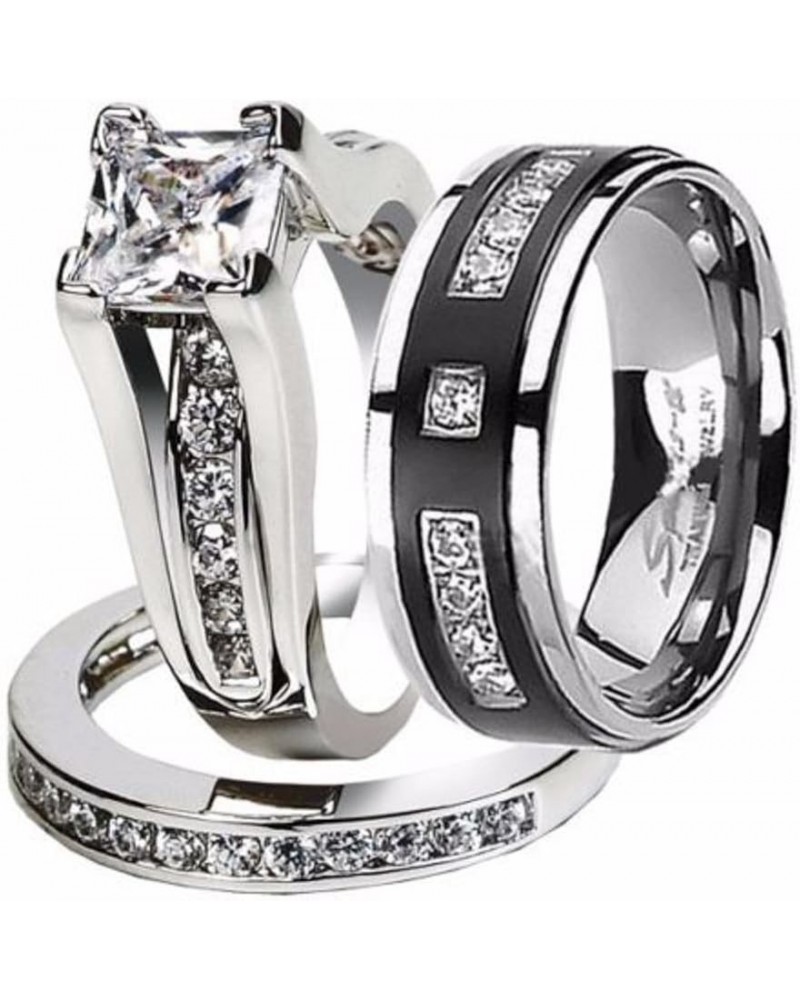 Hers and His Stainless Steel Princess Wedding Ring Set and Titanium Wedding Band Women's Size 09 Men's Size 07 $23.58 Sets