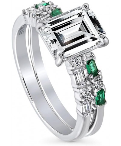 Sterling Silver Solitaire Wedding Engagement Rings 2.1 Carat Emerald Cut Cubic Zirconia CZ Art Deco Ring Set for Women, Rhodi...