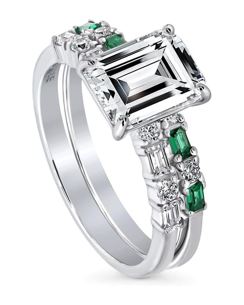 Sterling Silver Solitaire Wedding Engagement Rings 2.1 Carat Emerald Cut Cubic Zirconia CZ Art Deco Ring Set for Women, Rhodi...