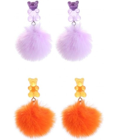 Pom Pom Candy Bear Earrings Fluffy Faux Fur Ball Earrings Gummy Resin Bear Drop Earrings Cute Colorful Ball Resin Bear Dangle...