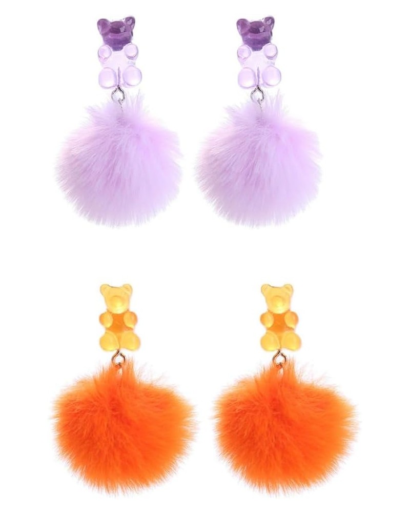 Pom Pom Candy Bear Earrings Fluffy Faux Fur Ball Earrings Gummy Resin Bear Drop Earrings Cute Colorful Ball Resin Bear Dangle...