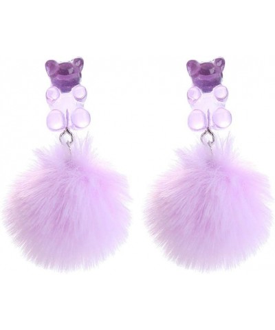 Pom Pom Candy Bear Earrings Fluffy Faux Fur Ball Earrings Gummy Resin Bear Drop Earrings Cute Colorful Ball Resin Bear Dangle...