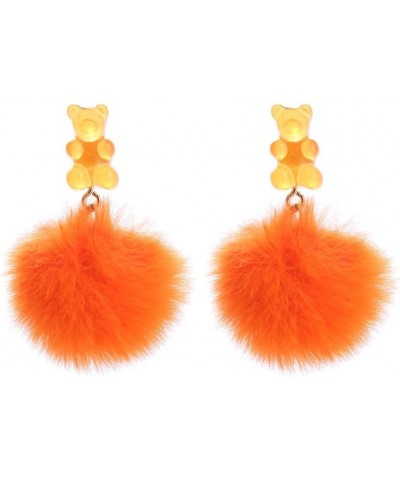 Pom Pom Candy Bear Earrings Fluffy Faux Fur Ball Earrings Gummy Resin Bear Drop Earrings Cute Colorful Ball Resin Bear Dangle...