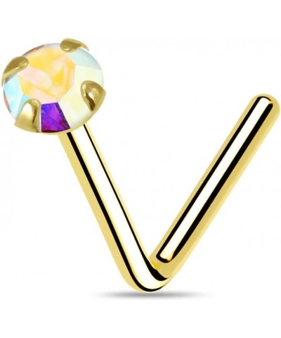 14ct Solid Yellow Gold Prong Set Rainbow Genuine Crystals Stone 22 Gauge L-Shape Nose Stud 2.5 Millimeters $13.90 Body Jewelry