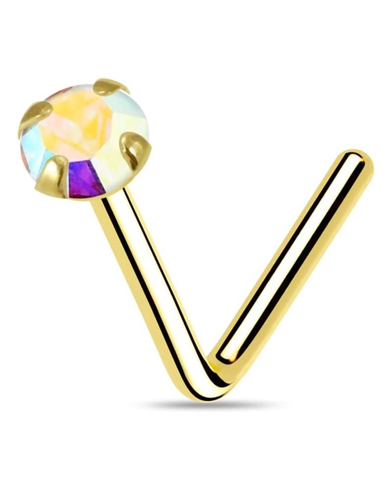 14ct Solid Yellow Gold Prong Set Rainbow Genuine Crystals Stone 22 Gauge L-Shape Nose Stud 2.5 Millimeters $13.90 Body Jewelry