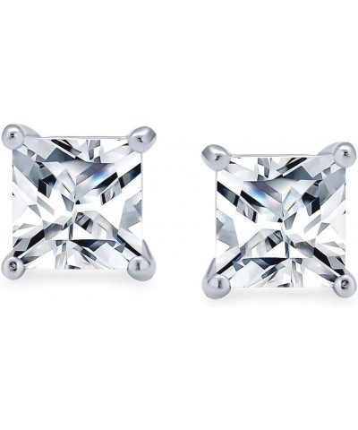 Square Cubic Zirconia Solitaire Princess AAA CZ Stud Earrings For Women Men 14K Gold Plated Sterling Silver 5 6 7 8MM Silver ...