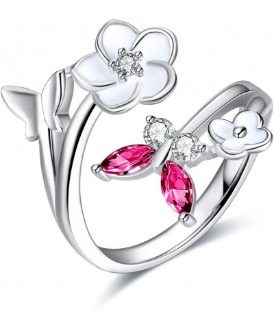 Sterling Silver Butterfly Rings Cubic Zirconia Flower Adjuastable Band Jewelry for Women Girls Red- Ruby $19.19 Rings