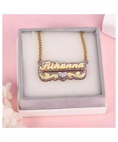 Personalized Name Plate Necklace Gold Double Plated Nameplate Necklace with Heart Teddy Colorful Acrylic Board Made Name/lett...