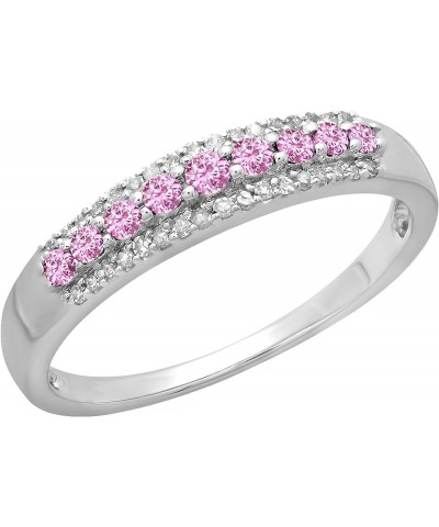 Round Gemstone and Round White Diamond Ladies Stackable Wedding Band | 10K White Gold Pink Sapphire $107.02 Bracelets