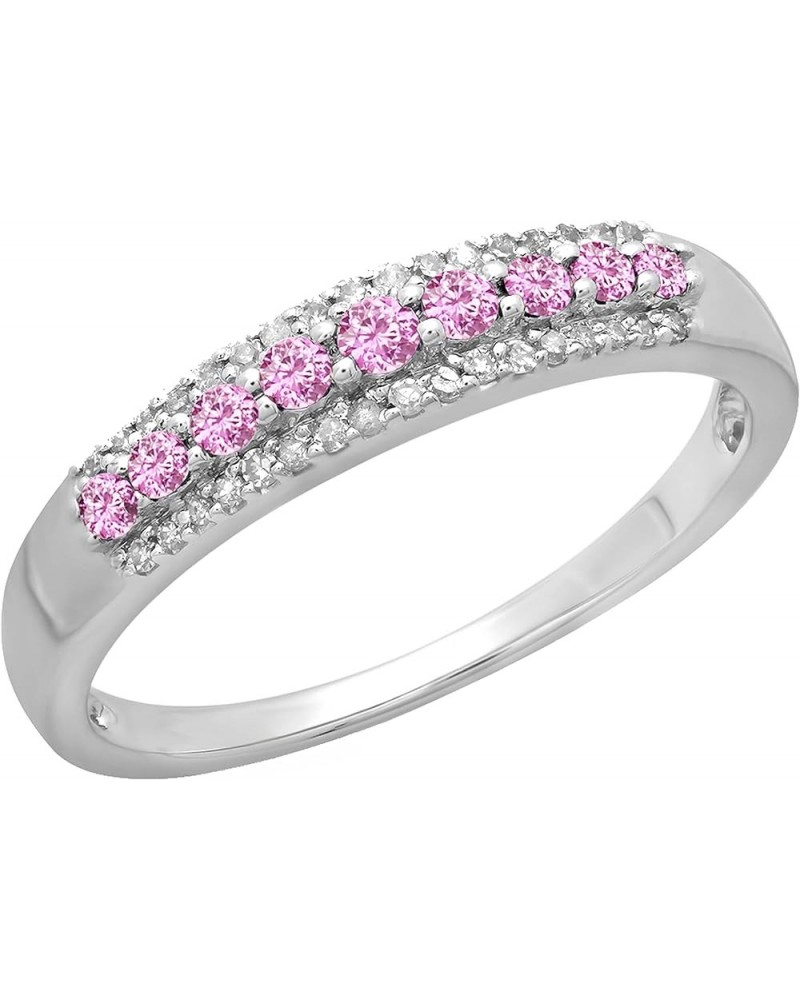 Round Gemstone and Round White Diamond Ladies Stackable Wedding Band | 10K White Gold Pink Sapphire $107.02 Bracelets