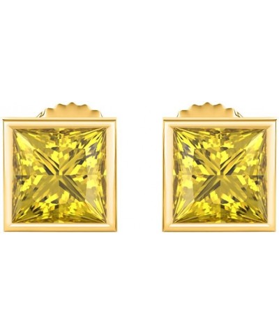 Bezel Set Princess Cut Created Gemstones (6MM) Solitaire Stud Earrings 14K Yellow Gold Over .925 Sterling Silver created- yel...