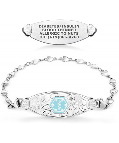 Custom Engraved Lovely Filigree Medical Alert ID Bracelets for Women with Heart Link Chains – Color/Size 7.5 Inches Baby Blue...