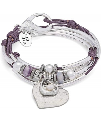 Minnie Silver and Amethyst Wrap Bracelet Necklace With Silver Heart Charm Set with Pearl in Metallic Berry Leather LARGE $39....