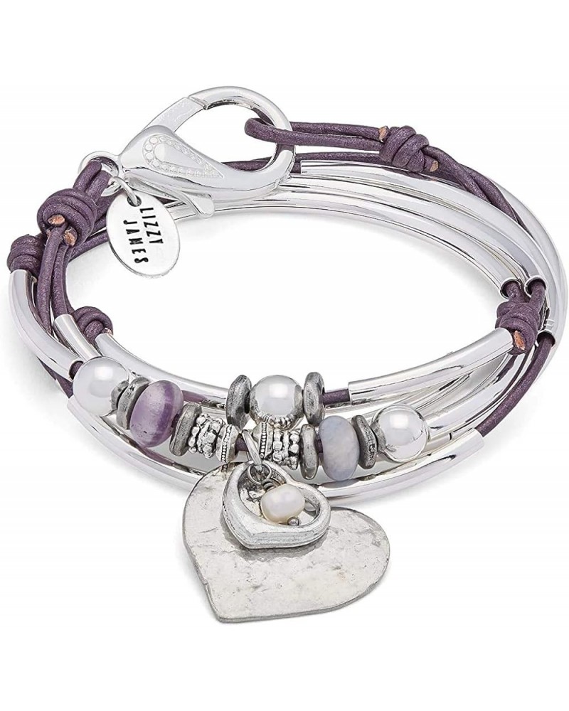 Minnie Silver and Amethyst Wrap Bracelet Necklace With Silver Heart Charm Set with Pearl in Metallic Berry Leather LARGE $39....