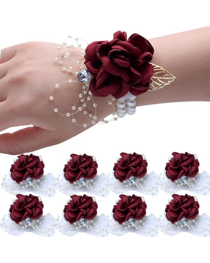 4Pcs Bridesmaid White Pearl Wrist Corsage Bracelet Wristlet Band Bridal Dusty Corsage Girl Women Hand Flowers Boutonnieres fo...