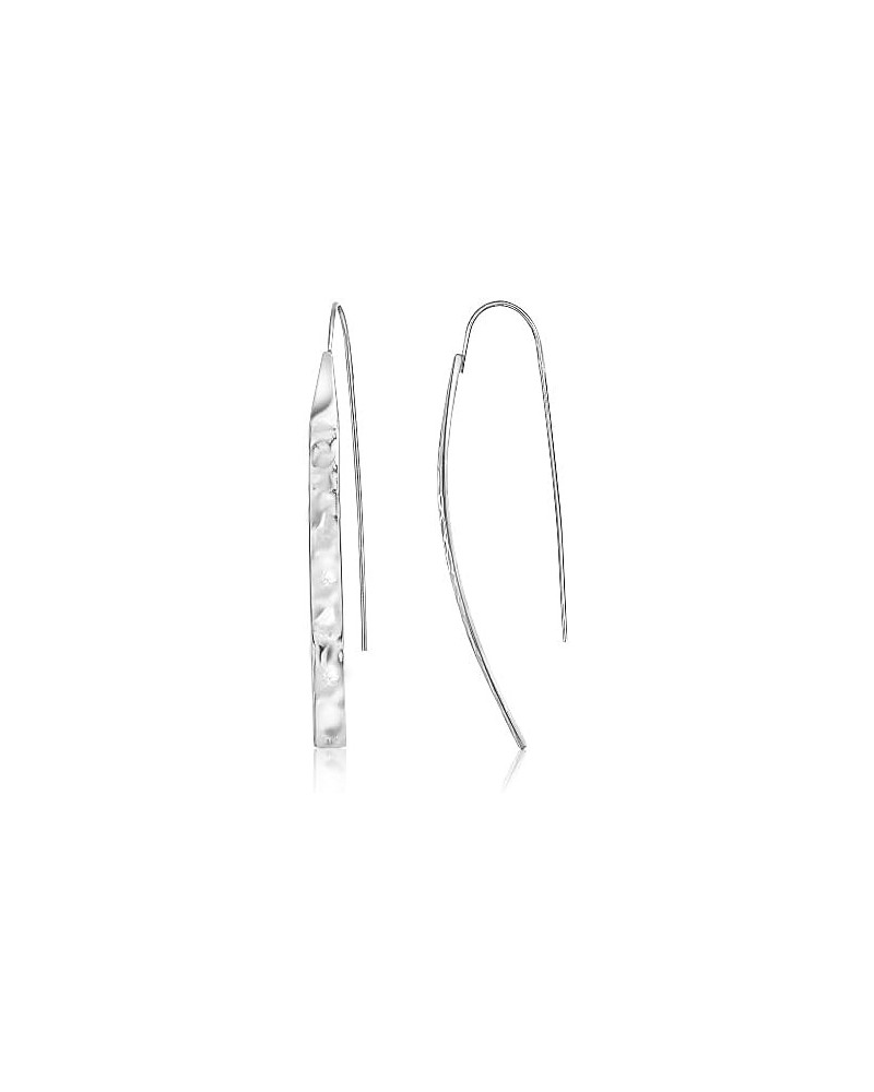 925 Sterling Silver High Polished Hammered Long Flat Bar Threader Drop Earrings for Women and Teen Girls, Silver, Yellow & Ro...