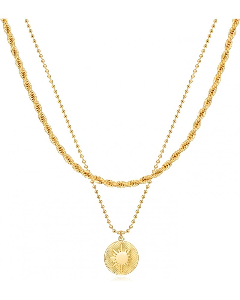 Gold Layered Necklace for Women 14K Gold Sun Coin Pendant Necklace Double Layer Twisted Rope Chain Necklace Bead Ball Chain N...