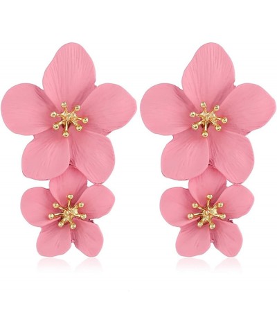 Bohemian Large Metal Double Flower Matt Long Drop Earring For Women Girls Statement Jewelry Gifts pink $6.50 Earrings