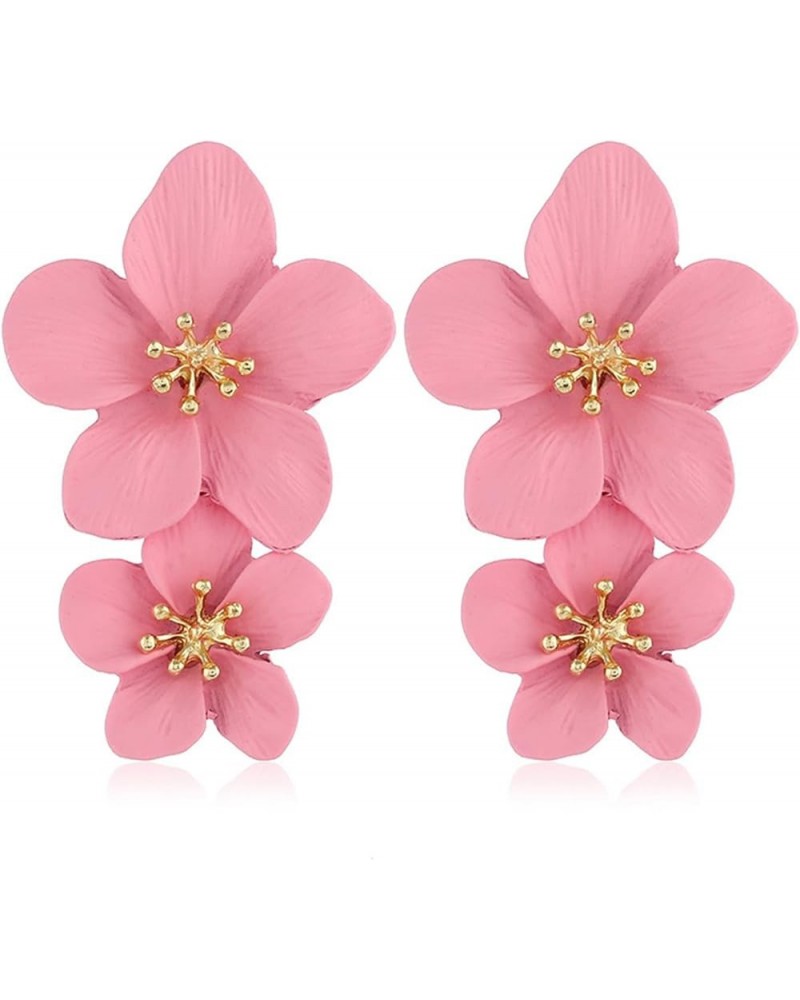 Bohemian Large Metal Double Flower Matt Long Drop Earring For Women Girls Statement Jewelry Gifts pink $6.50 Earrings