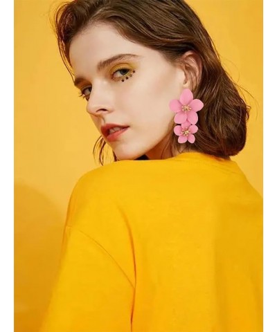 Bohemian Large Metal Double Flower Matt Long Drop Earring For Women Girls Statement Jewelry Gifts pink $6.50 Earrings