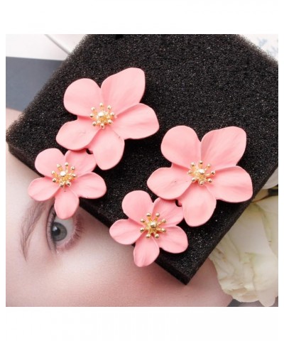 Bohemian Large Metal Double Flower Matt Long Drop Earring For Women Girls Statement Jewelry Gifts pink $6.50 Earrings