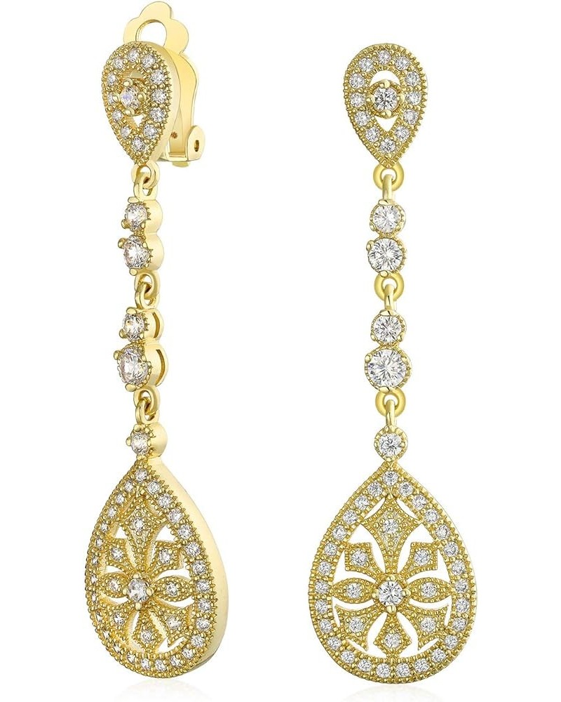 Bridal Vintage Art Deco Style Filigree Teardrop Cubic Zirconia Chandelier Clip On Earrings For Women Gold Silver Plated Gold ...