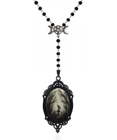 Raven Cross Rosary Necklace Gothic Black Beaded Long Chain Cameo Necklace Mystic Pentagram Moon Witch Jewelry Gift Accessorie...