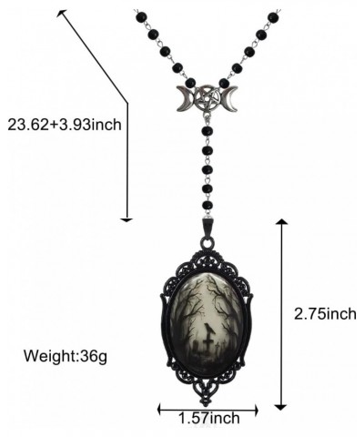 Raven Cross Rosary Necklace Gothic Black Beaded Long Chain Cameo Necklace Mystic Pentagram Moon Witch Jewelry Gift Accessorie...