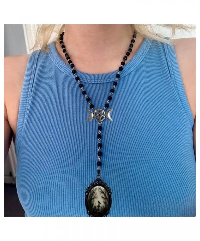 Raven Cross Rosary Necklace Gothic Black Beaded Long Chain Cameo Necklace Mystic Pentagram Moon Witch Jewelry Gift Accessorie...