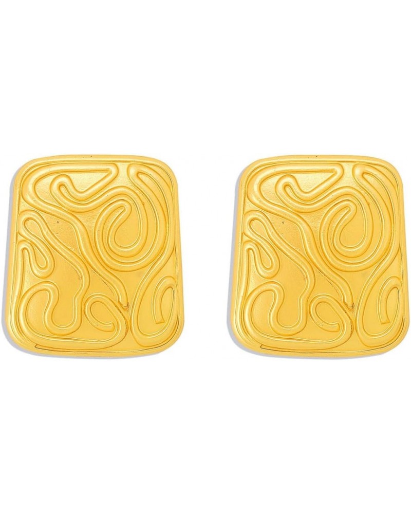 Large Rectangle Gold Plated Medieval Style Carved Pattern Stud Earrings for Women Teen Girls,Big Vintage Texture Irregular Ge...