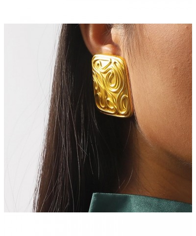 Large Rectangle Gold Plated Medieval Style Carved Pattern Stud Earrings for Women Teen Girls,Big Vintage Texture Irregular Ge...