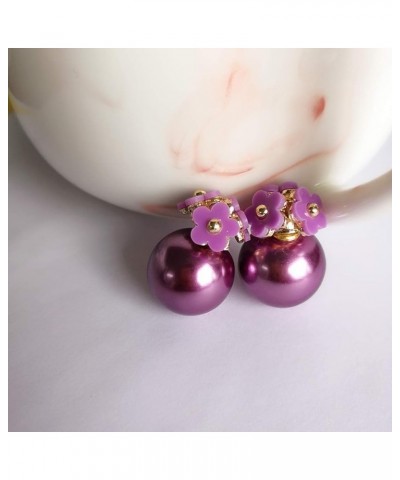 Double Sided Pearl Flower Sweet Style Statement Fashion Earring for Women purple $9.68 Earrings