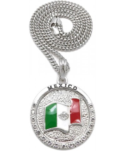 Jamaica, Cuba, Mexico Flag 24" Pendant Necklace in Box, Cuban or Rope Chain Gold Or Rhodium Tone Mexico - Rhodium w/ 18" Cuba...