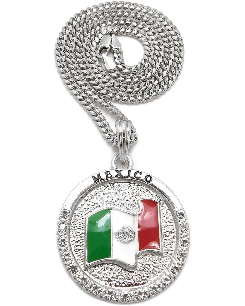 Jamaica, Cuba, Mexico Flag 24" Pendant Necklace in Box, Cuban or Rope Chain Gold Or Rhodium Tone Mexico - Rhodium w/ 18" Cuba...