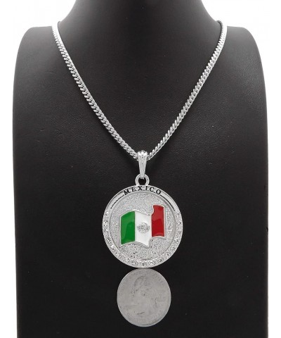 Jamaica, Cuba, Mexico Flag 24" Pendant Necklace in Box, Cuban or Rope Chain Gold Or Rhodium Tone Mexico - Rhodium w/ 18" Cuba...