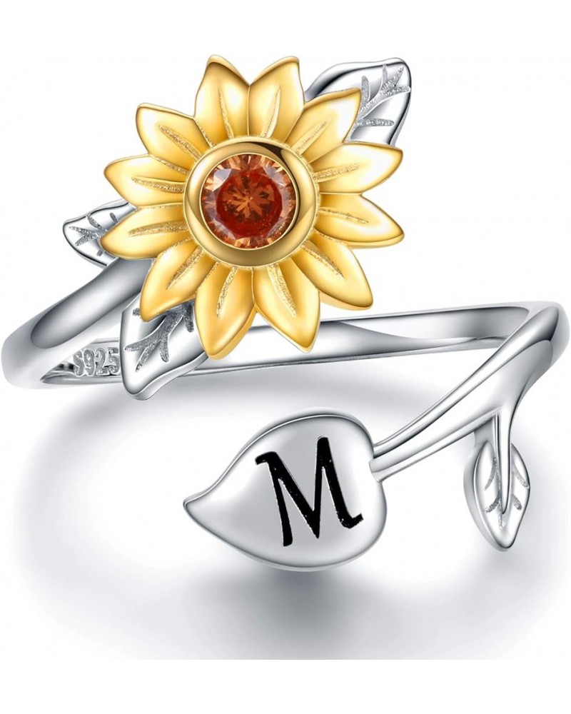 Sunflower Initial Adjustable Ring for Women - 925 Sterling Silver Flower Wrap Twist Ring with CZ Jewelry Gift for Mother Daug...