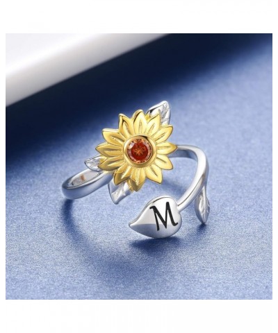 Sunflower Initial Adjustable Ring for Women - 925 Sterling Silver Flower Wrap Twist Ring with CZ Jewelry Gift for Mother Daug...