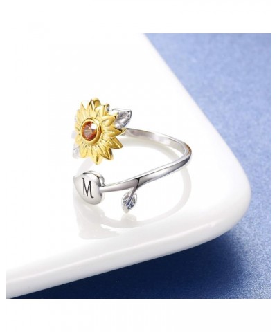 Sunflower Initial Adjustable Ring for Women - 925 Sterling Silver Flower Wrap Twist Ring with CZ Jewelry Gift for Mother Daug...