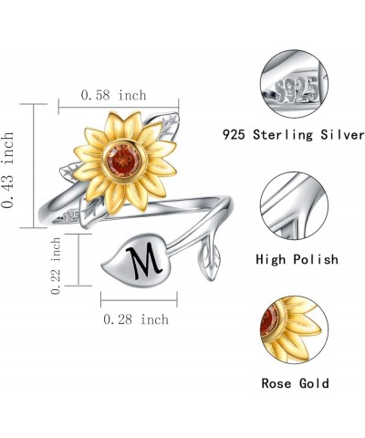 Sunflower Initial Adjustable Ring for Women - 925 Sterling Silver Flower Wrap Twist Ring with CZ Jewelry Gift for Mother Daug...