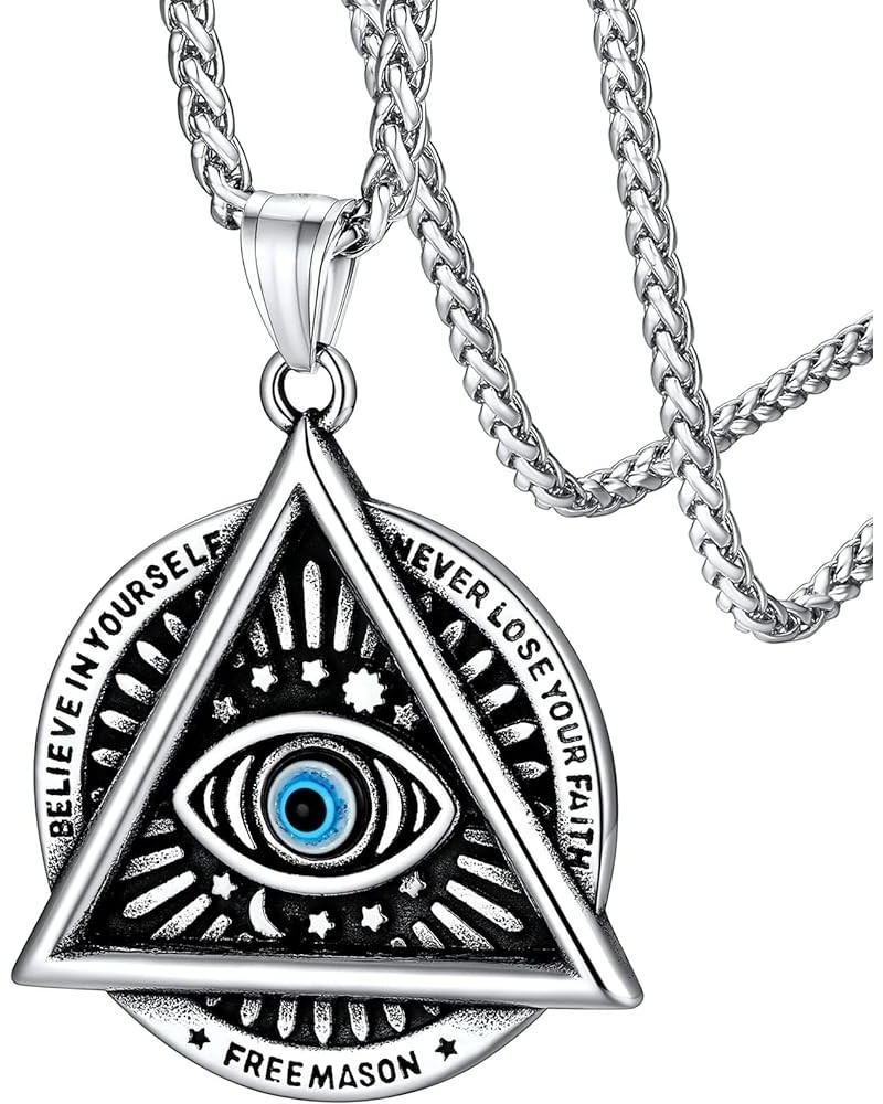 Evil Eye Pendant Necklace for Men Women Stainless Steel Retro Triangle Amulet with Delicate Gift Packaging 03. Medal-Silver $...