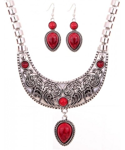 Moon Carve Flower Pattern Turquoise Waterdrop Pendant Tibetan Silver Bib Necklace Earrings Set Red $6.55 Jewelry Sets