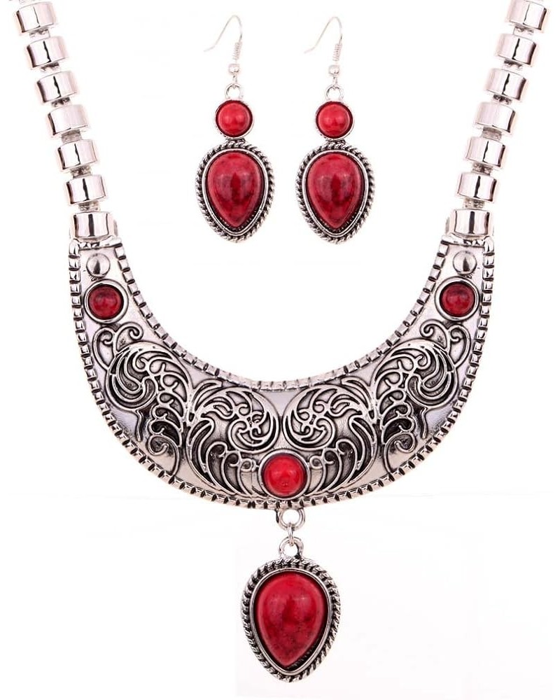 Moon Carve Flower Pattern Turquoise Waterdrop Pendant Tibetan Silver Bib Necklace Earrings Set Red $6.55 Jewelry Sets