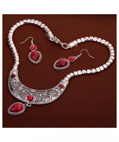 Moon Carve Flower Pattern Turquoise Waterdrop Pendant Tibetan Silver Bib Necklace Earrings Set Red $6.55 Jewelry Sets