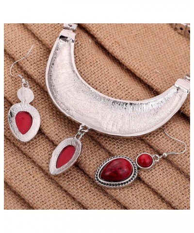 Moon Carve Flower Pattern Turquoise Waterdrop Pendant Tibetan Silver Bib Necklace Earrings Set Red $6.55 Jewelry Sets