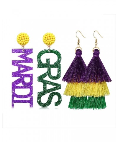 2 Pairs Mardi Gras Earrings for Women Handmade Fleur De Lis Beaded Drop Earrings Purple Green Yellow MARDI GRAS Tassel Dangle...