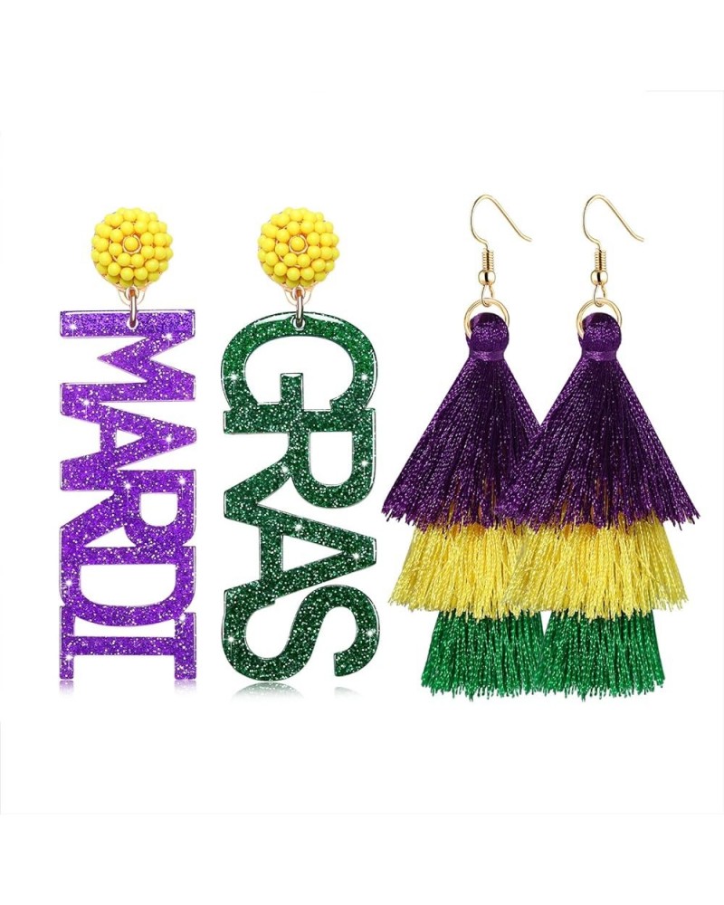 2 Pairs Mardi Gras Earrings for Women Handmade Fleur De Lis Beaded Drop Earrings Purple Green Yellow MARDI GRAS Tassel Dangle...