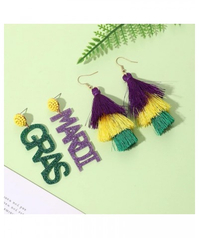 2 Pairs Mardi Gras Earrings for Women Handmade Fleur De Lis Beaded Drop Earrings Purple Green Yellow MARDI GRAS Tassel Dangle...