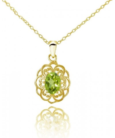 Sterling Silver or Yellow Gold Flashed Gemstone Oval Filigree Flower Necklace Peridot- Gold Flash $14.00 Necklaces